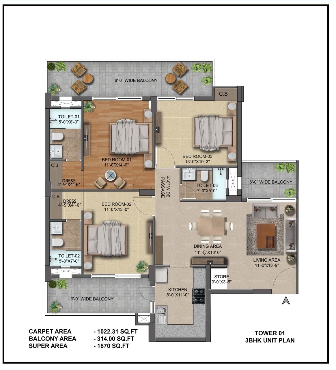 Tower 01 3BHK Unit Plan