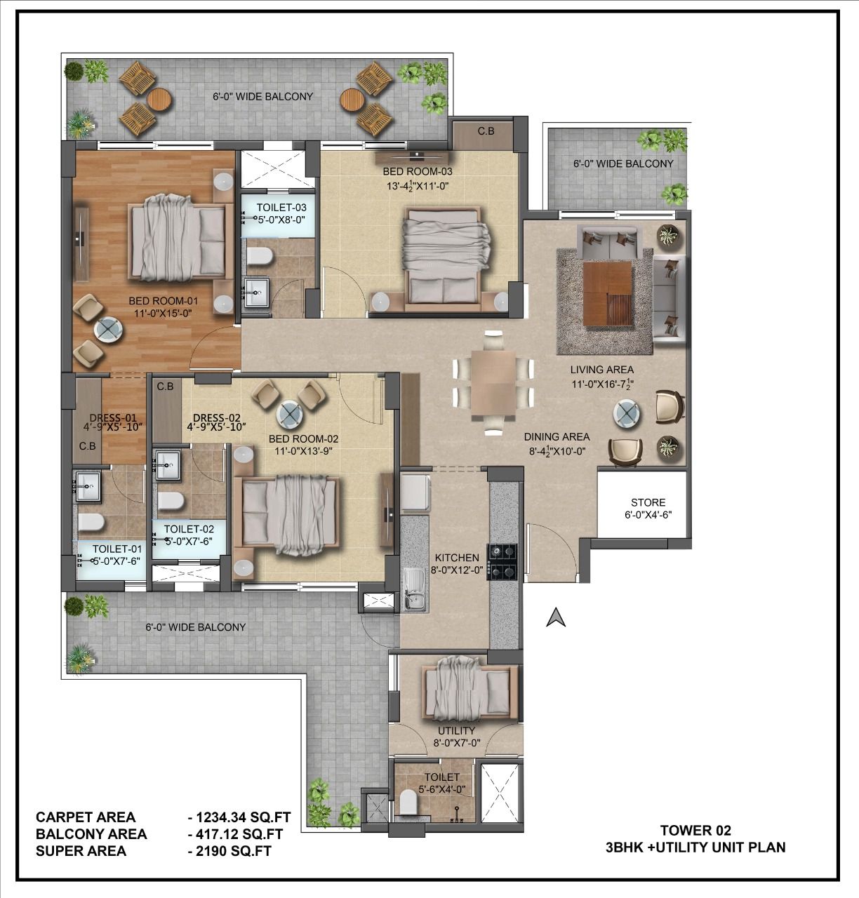 Tower 02 3BHK and Utility Unit Plan