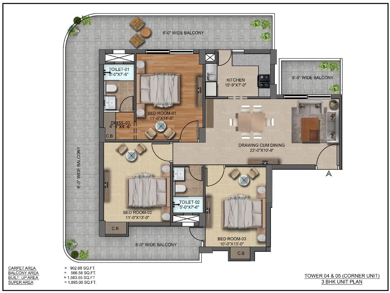 Tower 04 & 05 (Corner Unit) 3BHK Unit Plan