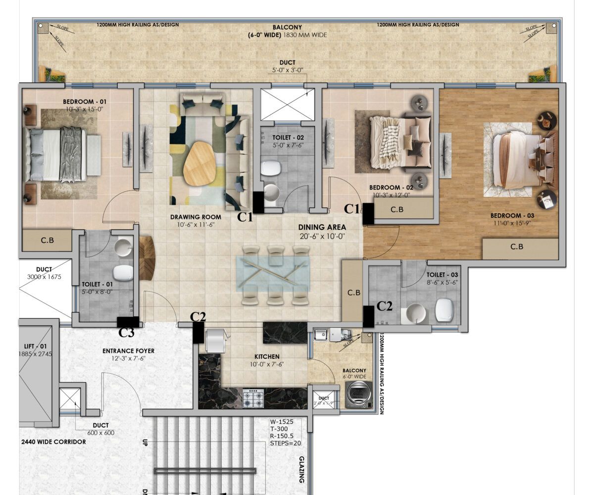 3BHK Floor Plan Future Heights
